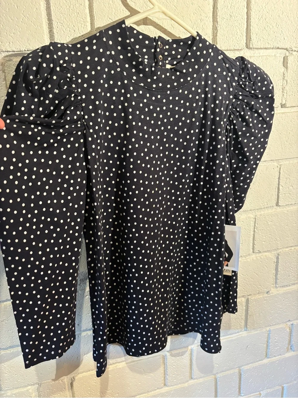 Anthropologie Navy and White Polka Dot Puff Sleeve Blouse